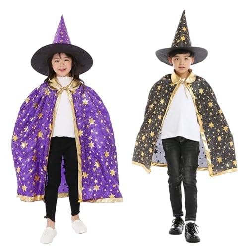 CHUANGOU 2pcs Halloween Witch Cape, Halloween Costume Witch Wizard Cape, Cape and Magic Hat Set, Wizard Coat with Hat, Wizard Cape Witch Cape (Schwarz,Lila) von CHUANGOU