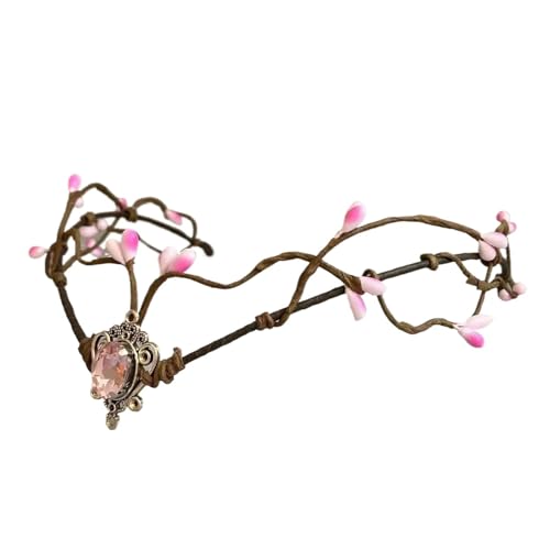 CHUDOU Elfen-Stirnband, Elfen-Kopfschmuck, Elfenzweige, Tiara, Elfen-Kopfschmuck, Feenkrone, Reif, Mondstein mit rosa Edelstein for Feenkostüm, Damen-Diadem for Cosplay-Zubehör von CHUDOU