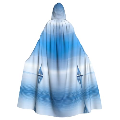 CHUNMINW Blauer Kapuzenumhang mit Segelboot-Druck, Halloween-Umhang, lustiger Robe für Erwachsene, Cosplay, Hexe, Wikinger-Kostüm von CHUNMINW