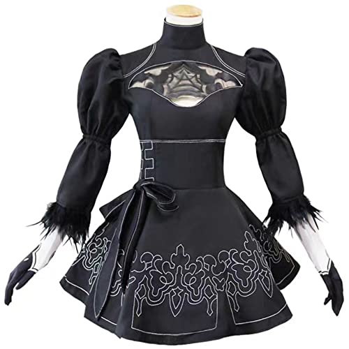 CHUTRU Damen No.2 Typ B Cosplay Kostüm Schwarz Gotisch Kleid Rock Dirndl mit Strümpfen Frauen 2B Outfit Set für Halloween Karneval Spiel Party (S) von CHUTRU