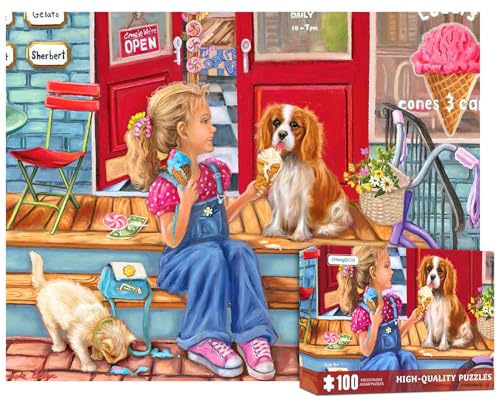 100 Teile Puzzles-Mädchen Teilen EIS mit Hund Katze 100 Teile Puzzles für Erwachsene, Hund Katze Puzzle 100 Teile Puzzles für Kinder Lustige Puzzles Kinder Puzzles Puzzles von CHengQiSM