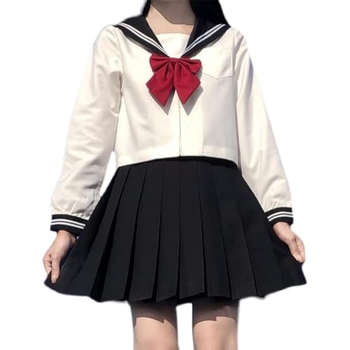 CICCB-DAMOY Brandneu japanische dchen Sailor Uniform Shirts JK Uniform Anime Cosplay Kostüme Set Hemd + Faltenrock + rote Fliege (Weiß, S / 150-155cm) von CICCB-DAMOY