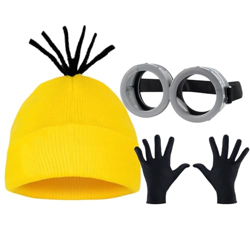 CICEYET Halloween-Kostüm-Zubehör, gelbe Beanie, Strickmütze, Brille, Handschuhe für Herren und Damen, Cosplay, 3 Stück von CICEYET