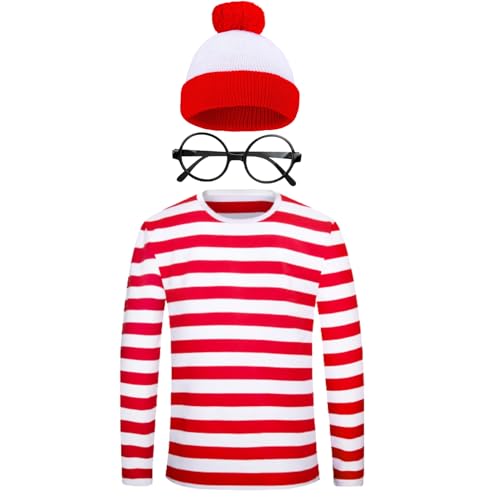 CICEYET Herren Damen Waldo Kostüm Halloween Rot und Weiß Gestreiftes Langarm T-Shirt mit Brille Hut Party Cosplay Kostüm Set (X-Large, Herren Set) von CICEYET