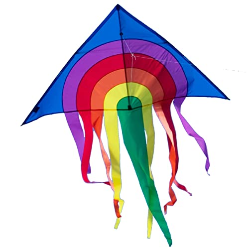 CIM Großer Kinder-Drachen - SUPER-Drachen Rainbow Delta XL blau – Einleiner Flugdrachen für Kinder ab 6 Jahren - 150x166cm - inklusiv Drachenschnur und Streifenschwänze von CIM