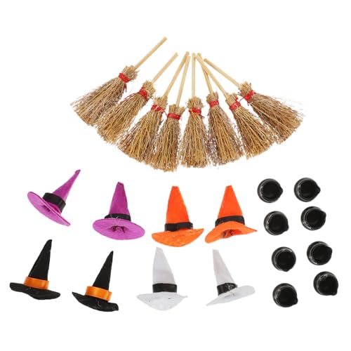 CIMAXIC Mini Hexenhüte Set Für Halloween Inklusive Mini Besen Und Kleinem Kessel Perfekte Dekoration Für Halloween Partys Und Festlichkeiten 3 Teilig Und von CIMAXIC