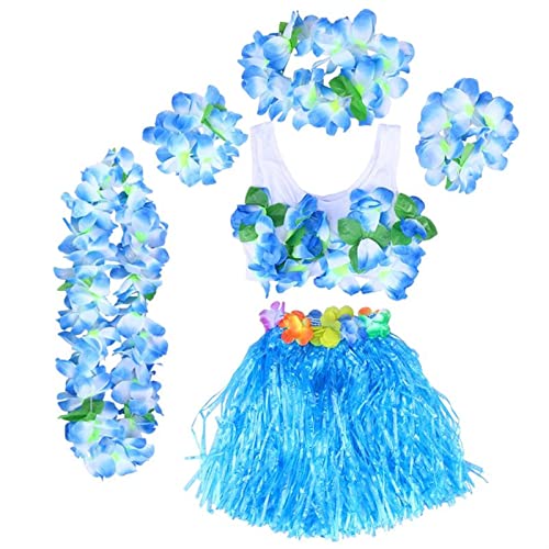 Weihnachtskranz 6 Stück Hawaii Tropischer Hula-Gras Tanzrock Kinder Blume Leis Armbänder Stirnband Halskette BH Set Hawaii Party Kostüm Urlaub Dekoration (Farbe: Blau) von CIRCIR