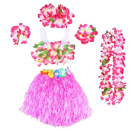 Weihnachtskranz 6 Stück Hawaii Tropischer Hula-Gras Tanzrock Kinder Blume Leis Armbänder Stirnband Halskette BH Set Hawaii Party Kostüm Urlaub Dekoration (Farbe: Rosa) von CIRCIR