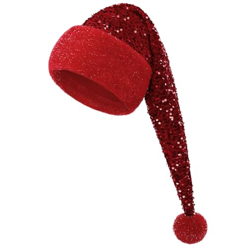 CITÉTOILE Lange Erwachsene Weihnachtsmütze mit Pailletten Santa Claus Hut, Verdickte Winter Weihnachtshut mit Plüsch Ball, Luxuriöse Samt Weihnachtsmannmütze, Rot CITÉTOILE Lange Erwachsene Weihnachtsmütze mit Pailletten Santa Claus Hut, Verdickte Winter Weihnachtshut mit Plüsch Ball, Luxuriöse Samt Weihnachtsmannmütze, Rot von CITÉTOILE
