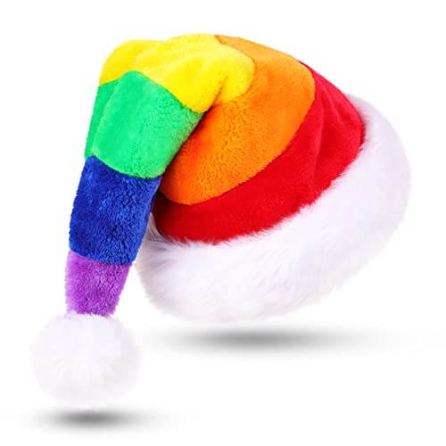 CITÉTOILE Weihnachtsmütze Nikolausmütze für Erwachsene, Dicke Plüschkrempe Weihnachtsmütze für Männer und Frauen, Horizontal gestreifter Regenbogen Weihnachtshut von CITÉTOILE