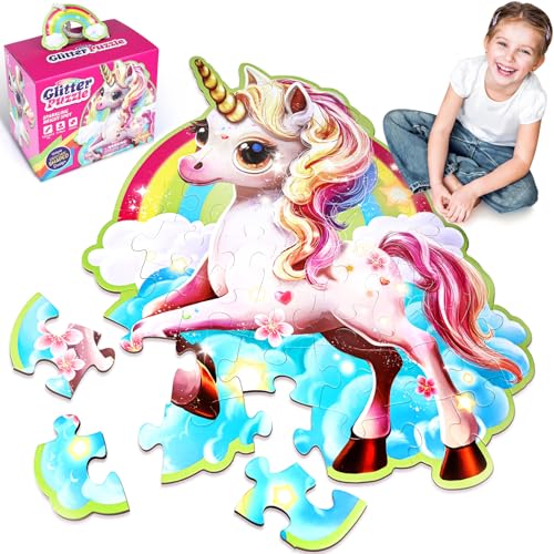 Mädchen Einhorn Boden Puzzle Spielzeug: Einhorn Geschenke für Mädchen - Puzzles für Kinder im Alter von 4 5 6 7 8 9 Jahren - Einhorn Spielzeug Glitzernd Pink 45-Teiliges Puzzle von CITSKY