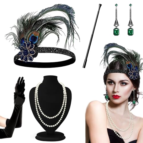 CIYIN 20er Jahre Accessoires, 5 Teiliges Gatsby Accessoires Damen mit Flapper Stirnband Handschuhe Perlenkette Ohrringen, 20er Jahre Kostüm Damen Zubehör, für Karneval, Halloween von CIYIN