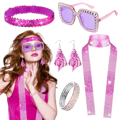 CIYIN 5 Stück Disco Accessoires Damen, 70er Jahre Kostüm Damen Disco Glitzer mit Pailletten Ohrringe Stirnband Armband Halskette Sonnenbrille, 70er 80er Jahre Outfit Damen für Fasching Karneval von CIYIN