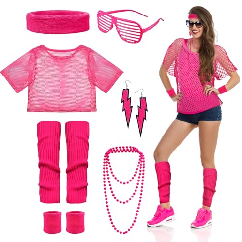 CIYIN 80er Jahre Outfit Damen, 90er 80er Jahre Accessoires,Neon Netzoberteil Damen,80er Jahre Kleidung Kostüm,Neon Party Outfit,Beinstulpen,Armbänder Halskette,Stirnband,Ohrringe,Brille von CIYIN