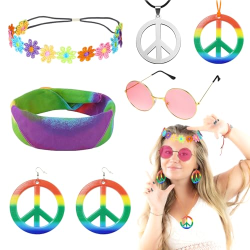 CIYIN Hippie Kostüm Set, 6 Stück Hippie Kleidung Accessoires, 60er 70er Jahre Bekleidung, Friedenszeichen Halskette Und Ohrring Buntes Hippie Stirnband, für 70er 80er Mode Thema Party von CIYIN