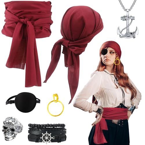 CIYIN Piratenkostüm Damen, 7PCS Pirate Accessories, Pirat Kostüm Damen Zubehör, Pirat Bandana Gürtel Augenklapp Ohrringe Halskette, für Cosplay Partys Feste Karneval von CIYIN