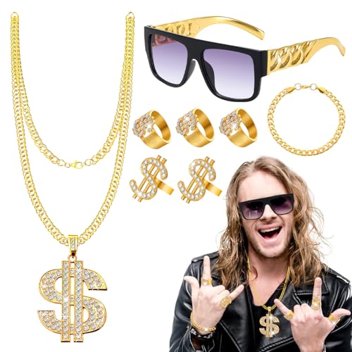 CIYIN Zuhälter Kostüm Set 8 Stück, Hip Hop Kostüm Herren, Hip Hop Schmuck 80er 90er Jahre Accessoires, Hip Hop Rapper Kostüm Set, Goldkette Dollar Ring Halskette für Karneval Mottoparty von CIYIN