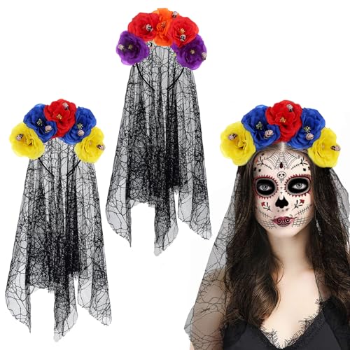 CIYKZYTRS 2 Stücke Totenkopf Rosen Stirnband, Tag des toten Stirnbandes Künstlicher Blumen Schädel Stirnband Geist, Halloween Kostümzubehör, schwarzes Spitzen Stirnband von CIYKZYTRS