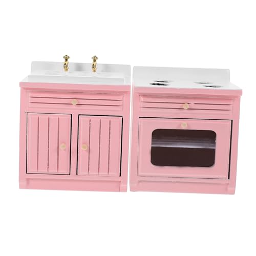 CIYODO 1 Satz Mini-Küchenzubehör Puppenhauszubehör Kitchen Accessories puppenstubenmöbel küche Accessoires Waschbecken schmücken Mini-Herd Miniatur-Badezimmerschrankmodell Holz Rosa von CIYODO