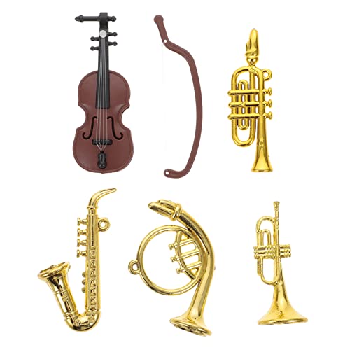 CIYODO 1 Set Miniatur Violine & Trompete Modell Musikinstrument Dekoration Für Puppenhaus 5 Teiliges Set Violine Saxophon Trompete Gebogene Und Gerade Blasinstrumente von CIYODO