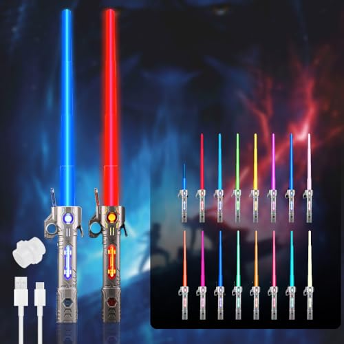 CJBIN 2 Pcs Laserschwert Kinder, 15 Farben Star Wars Lichtschwert, Laserschwert Star Wars Led Lightsaber Lichtschwerter Mit Licht & Sound, 2 In 1 Einziehbares Laserschwert für Kinder(Silber + Schwarz) von CJBIN