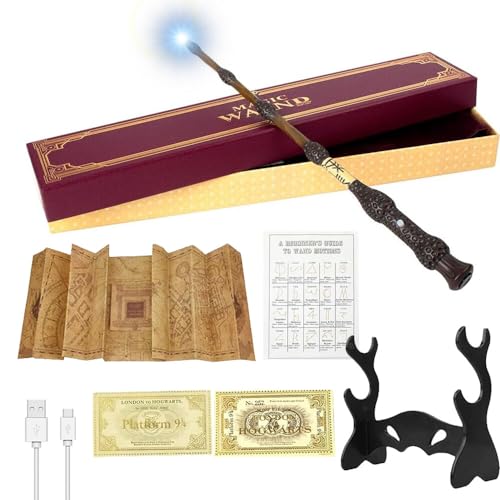 CJBIN Elderstab, Dumbledore Zauberstab mit Licht, USB Aufladung Elderstab, Zauberstab Dumbledore in Geschenkbox mit Karte, Stationsticket, Landkarte, und Halter von CJBIN