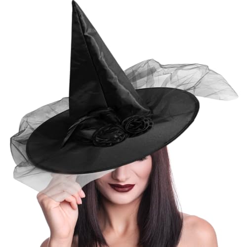 CJBIN Halloween Hexenhut Damen Schwarz, Schwarzer Hexenhut mit Rose, Hexenhut Damen, Zauberhut für Kinder, Hexenhut Zauberer Hut für Kostüm Halloween Party Dekoration, Kostüm, Verkleiden von CJBIN