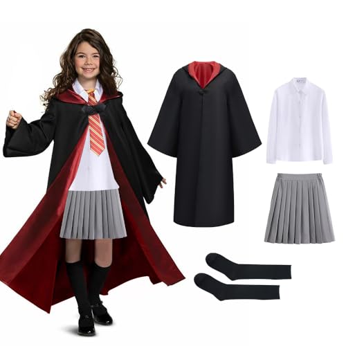 CJBIN Halloween Kostüm Kinder, 8 Teiliges Zauberer Kostüm Kinder, Umhang Kinder mit Bluse,Rock,Socken,Zauberstab,Brille,Krawatte und Halskette, Zauberer Cosplay Kostüm für Halloween Karneval von CJBIN