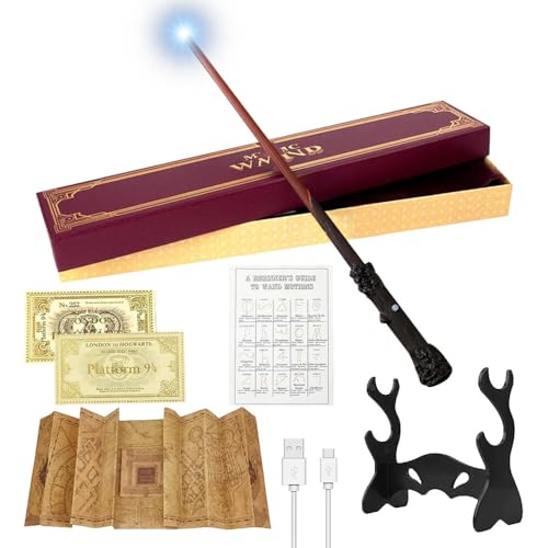 CJBIN Harry Zauberstab mit Licht, Zauberstab Harry, Harry Wand mit USB Aufladung, HPotter Stab in Geschenkbox mit Karte, Stationsticket, Landkarte, und Zauberstabhalter von CJBIN