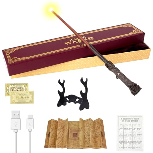 Harry Potter Zauberstab, 38 cm, Harry-Potter-Leuchtstab, USB-Ladestab, Harry Potter, magische Harry-Potter-Stäbe in Geschenkbox mit Karte, Bahnhofsticket, Karte und Halter von CJBIN