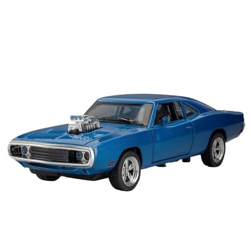 CJJXKBEP Fertiges Modellauto 1:32 for Dodge Challenger Hellcat1970 Metall-Druckguss-Automodelle, Zurückziehende Sound-Licht-Mikrosimulationsfahrzeuge Miniatur Auto Modell im Massstab(Blue) von CJJXKBEP