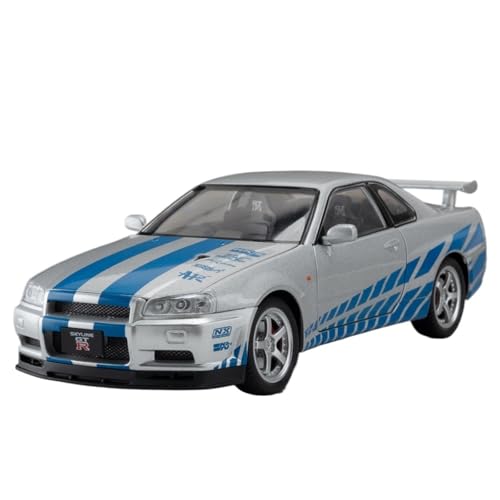 CJJXKBEP Fertiges Modellauto Legierung Diecast 1:24 for Nissan GTR R34 Auto Modell 4 Türen Geöffnet Zurückziehen Sound Licht Mini Fahrzeug Modell Sammlung Miniatur Auto Modell im Massstab(Silver) von CJJXKBEP