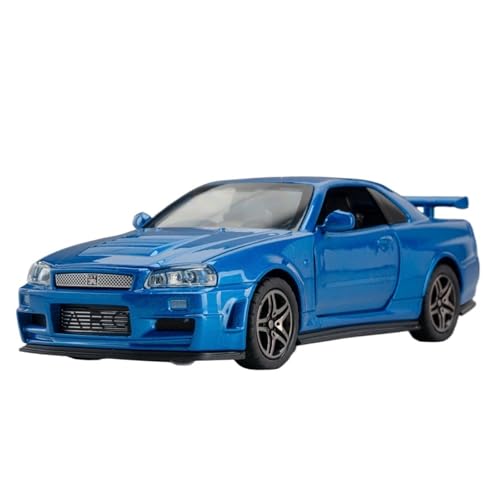 CJJXKBEP Maßstabsgetreues Modellauto im Maßstab 1:32 für Nissan GTR R34, Druckguss-Spielzeugautos, 4 Türen, geöffnet, Rückziehlicht, Stoßdämpfung, Rennfahrzeuge, Miniatur-Druckguss-Fahrzeug (blau) von CJJXKBEP