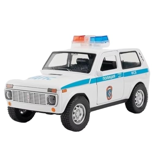 Maßstabsgetreues Modellauto, Druckguss, 1:18, russisches LADA NIVA Polizeiauto, Modell, Schalllicht, Rückziehtüren, geöffnetes Metall, simuliertes Mini-Fahrzeug, Miniatur-Druckguss-Fahrzeug (weiß) von CJJXKBEP