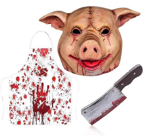 CJKDXDH Halloween Gruseliges Weinen Blutiges Schwein Metzger Set Hackmesser Blutige Schürze Realistische Tierschweine Latexmaske Kostüm Cosplay Requisiten von CJKDXDH