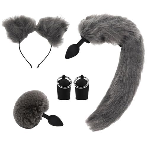 CJKDXDH Kostüm Accessoire Set, Niedliche Katzenohren Stirnband Pelzige Kaninchenschwanz Hintern Plug Fuchsschwanz Plug Brust Nippel Sauger Tier Cosplay Kostüm Set (Grau) von CJKDXDH