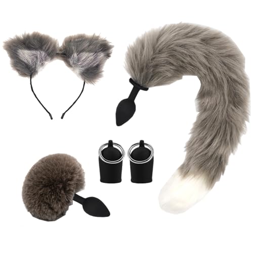 CJKDXDH Kostüm Accessoire Set, Niedliche Katzenohren Stirnband Pelzige Kaninchenschwanz Hintern Plug Fuchsschwanz Plug Brust Nippel Sauger Tier Cosplay Kostüm Set (Grau Weiß) von CJKDXDH