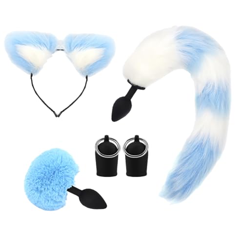 CJKDXDH Kostüm Accessoire Set, Niedliche Katzenohren Stirnband Pelzige Kaninchenschwanz Hintern Plug Fuchsschwanz Plug Brust Nippel Sauger Tier Cosplay Kostüm Set (Hellblau) von CJKDXDH