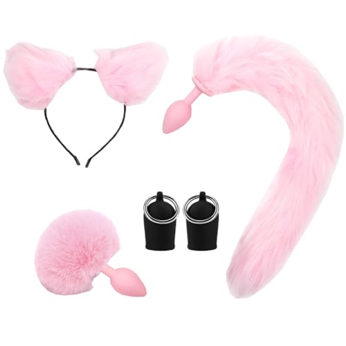 CJKDXDH Kostüm Accessoire Set, Niedliche Katzenohren Stirnband Pelzige Kaninchenschwanz Hintern Plug Fuchsschwanz Plug Brust Nippel Sauger Tier Cosplay Kostüm Set (Rosa A) von CJKDXDH