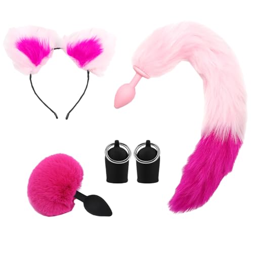 CJKDXDH Kostüm Accessoire Set, Niedliche Katzenohren Stirnband Pelzige Kaninchenschwanz Hintern Plug Fuchsschwanz Plug Brust Nippel Sauger Tier Cosplay Kostüm Set (Rosa Rosenrot) von CJKDXDH