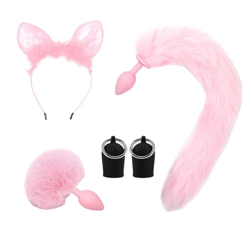 CJKDXDH Kostüm Accessoire Set, Niedliche Katzenohren Stirnband Pelzige Kaninchenschwanz Hintern Plug Fuchsschwanz Plug Brust Nippel Sauger Tier Cosplay Kostüm Set (Rosa Schwarz) von CJKDXDH