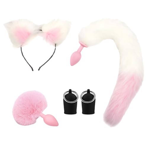 CJKDXDH Kostüm Accessoire Set, Niedliche Katzenohren Stirnband Pelzige Kaninchenschwanz Hintern Plug Fuchsschwanz Plug Brust Nippel Sauger Tier Cosplay Kostüm Set (Rosa Weiß) von CJKDXDH