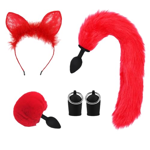 CJKDXDH Kostüm Accessoire Set, Niedliche Katzenohren Stirnband Pelzige Kaninchenschwanz Hintern Plug Fuchsschwanz Plug Brust Nippel Sauger Tier Cosplay Kostüm Set (Rot) von CJKDXDH