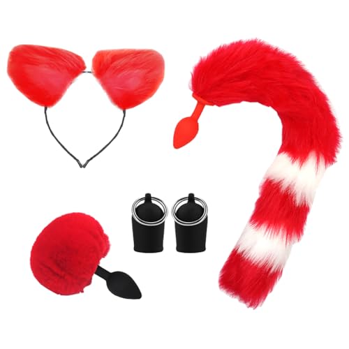 CJKDXDH Kostüm Accessoire Set, Niedliche Katzenohren Stirnband Pelzige Kaninchenschwanz Hintern Plug Fuchsschwanz Plug Brust Nippel Sauger Tier Cosplay Kostüm Set (Rot Weiß) von CJKDXDH