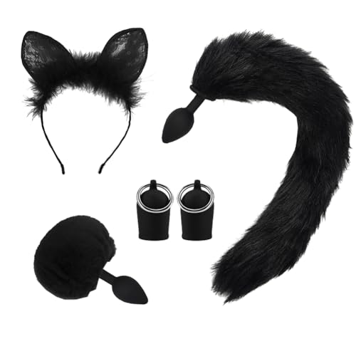 CJKDXDH Kostüm Accessoire Set, Niedliche Katzenohren Stirnband Pelzige Kaninchenschwanz Hintern Plug Fuchsschwanz Plug Brust Nippel Sauger Tier Cosplay Kostüm Set (Schwarz) von CJKDXDH