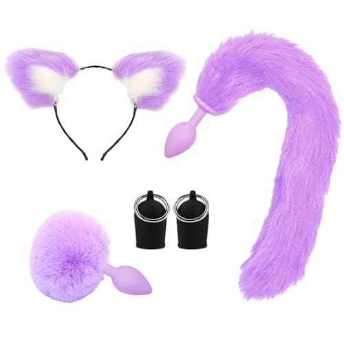 CJKDXDH Kostüm Accessoire Set, Niedliche Katzenohren Stirnband Pelzige Kaninchenschwanz Hintern Plug Fuchsschwanz Plug Brust Nippel Sauger Tier Cosplay Kostüm Set (Violett) von CJKDXDH