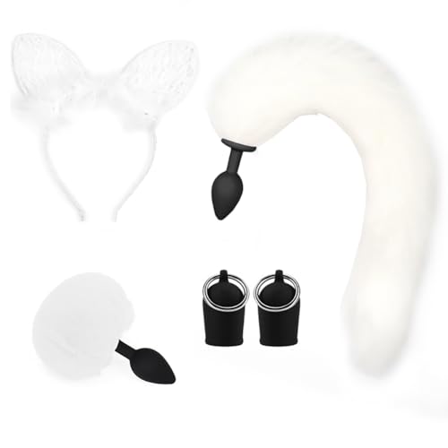 CJKDXDH Kostüm Accessoire Set, Niedliche Katzenohren Stirnband Pelzige Kaninchenschwanz Hintern Plug Fuchsschwanz Plug Brust Nippel Sauger Tier Cosplay Kostüm Set (Weiß) von CJKDXDH