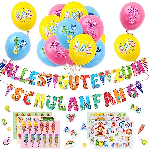 CLDURHGE Einschulung Schuleinführung Schulanfang Deko Set, Schuleinführung Deko Schulanfang deko mit 18 Stück Luftballon Girlande Alles Gute Zum Schulanfang Konfetti Folienballon für Jungen Mädchen von CLDURHGE