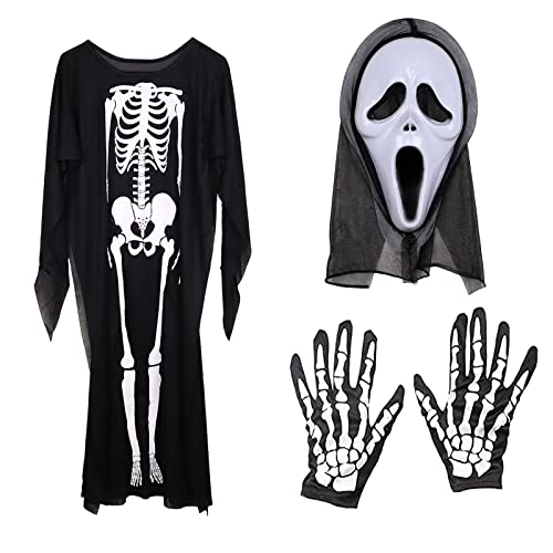 CLDURHGE Sensenmann Kostüm für Erwachsene, Skelett Halloween Kostüme, Halloween Kostüm Set mit Schädelmaske, Handschuhen für Halloween Dekoration, Cosplay, Karneval (120cm) von CLDURHGE