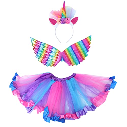 CLISPEED Einhorn- Kostüm für Mädchen Regenbogen- Tüllrock mit Einhorn- Stirnband Feenflügel Kindergeburtstags- Outfit Regenbogenkleid für Halloween- Tanzparty- Geburtstagsgeschenk von CLISPEED